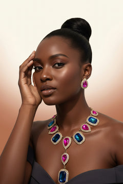 Teardrop Crystal Necklace Set - Statement Bridal in Gold Set