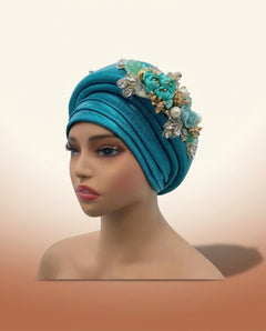 Bouquet Turban Auto Gele - Pre-Tied African Headwrap in Lake Blue