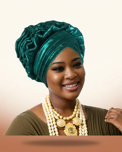 Ruffle Silk Auto Gele - Pre-Tied African Headwrap in Green