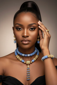 African Heritage Bead Jewelry - Gold Statement Set in Blue
