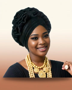 Ruffle Silk Auto Gele - Pre-Tied African Headwrap in Black