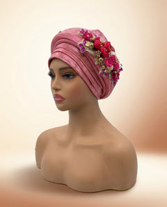 Floral Bouquet Auto Gele - Pre-Tied African Headwrap in Pink II