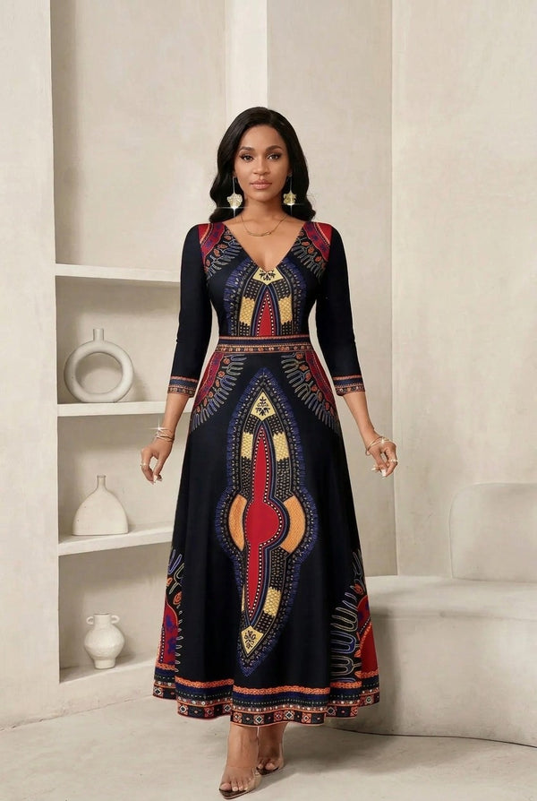 African Print V-Neck Maxi Dress - Bold Statement - view 2