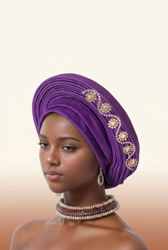 Crystal Trim Auto Gele - Pre-Tied African Headwrap in Purple