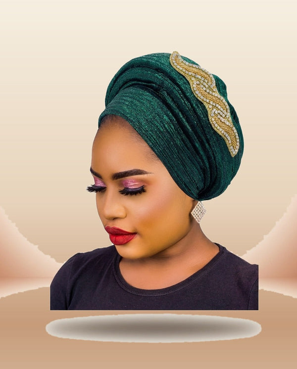 Gold Medallion Auto Gele - Pre-Tied Turban Headwrap in Green