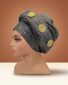 Gold Medallion Auto Gele - Pre-Tied Turban Headwrap in Gray II