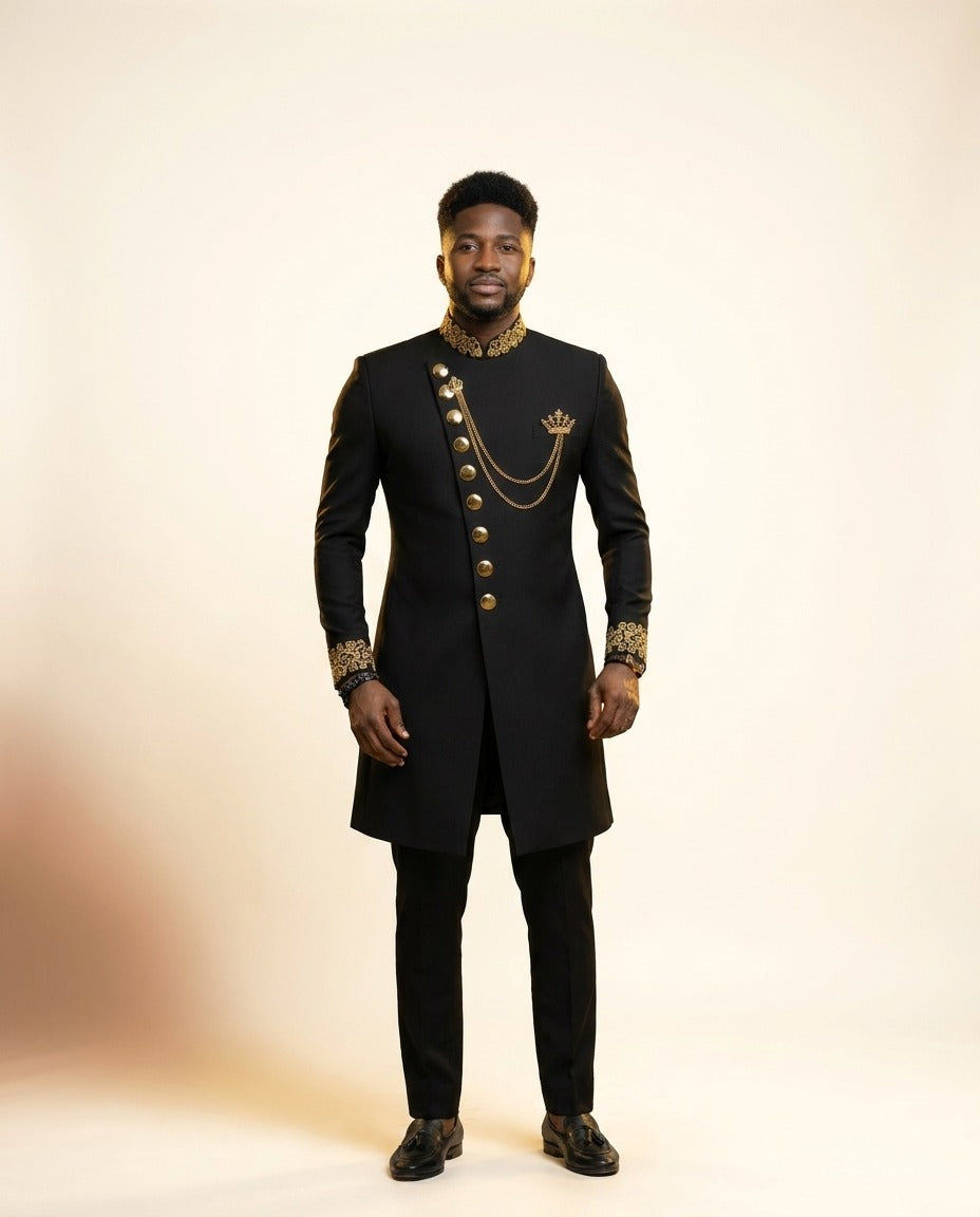 African Batik Print Suit - Men's Wedding 2-Piece in Black