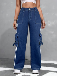 Women's Y2K Cargo Jeans — Denim Wide-Leg Utility - Detail View | ARINZE