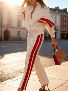 Men's Women's white sports casual set, V-neck long - Styled View | ARINZE