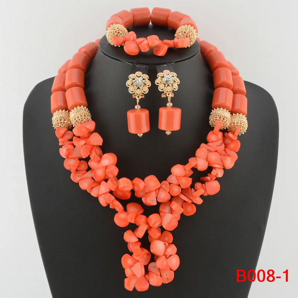 Red Coral Bead Jewelry Set - Front View | ARINZE