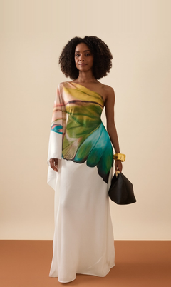 Woman wearing one-shoulder floral print maxi dress, African-inspired occasionwear, ARINZE