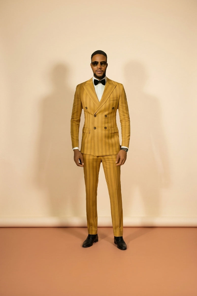 Gold Jacquard 2-Piece Suit - Men's Double Breasted