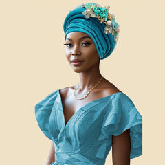 Floral Bouquet Auto Gele - Pre-Tied African Headwrap in Sky Blue