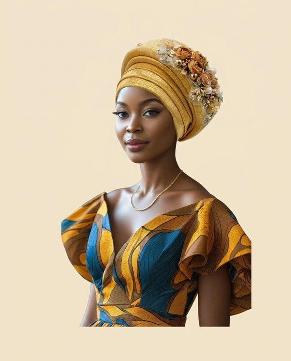 Floral Bouquet Auto Gele - Pre-Tied African Headwrap in Gold II