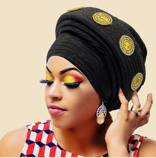 Gold Medallion Auto Gele - Pre-Tied Turban Headwrap
