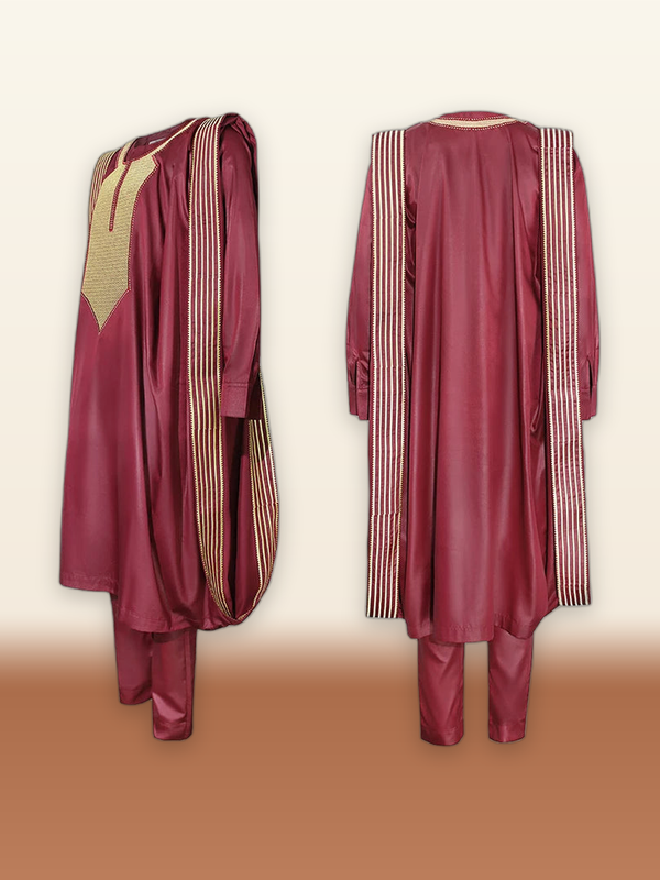 Men's Red Agbada Suit – Embroidered Robe