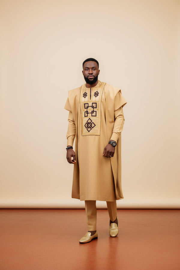 Men's Yellow Embroidered 3-Piece Agbada Set - ARINZE