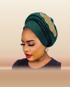 Gold Medallion Auto Gele - Pre-Tied Turban Headwrap in Green