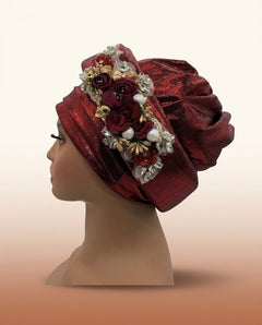 Bouquet Turban Auto Gele - Pre-Tied African Headwrap in Wine Red