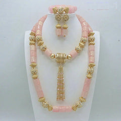 African Heritage Bead Jewelry - Gold Statement Set in Pink