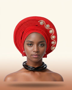 Crystal Trim Auto Gele - Pre-Tied African Headwrap in Orange Red