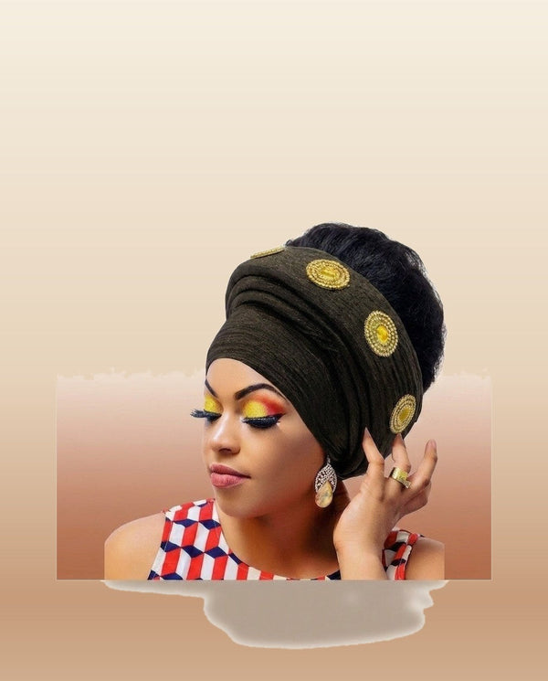 Gold Medallion Auto Gele - Pre-Tied Turban Headwrap