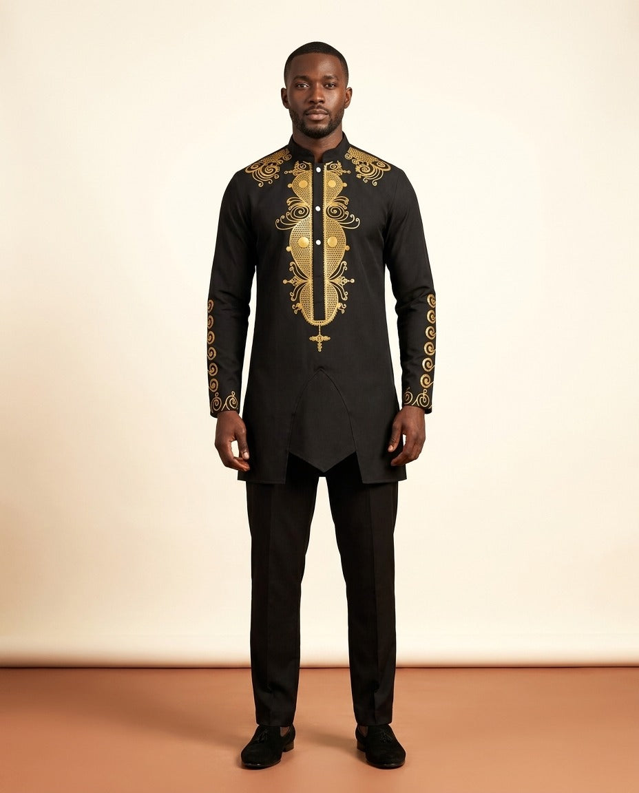Gold-Embroidered Dashiki Set - Black