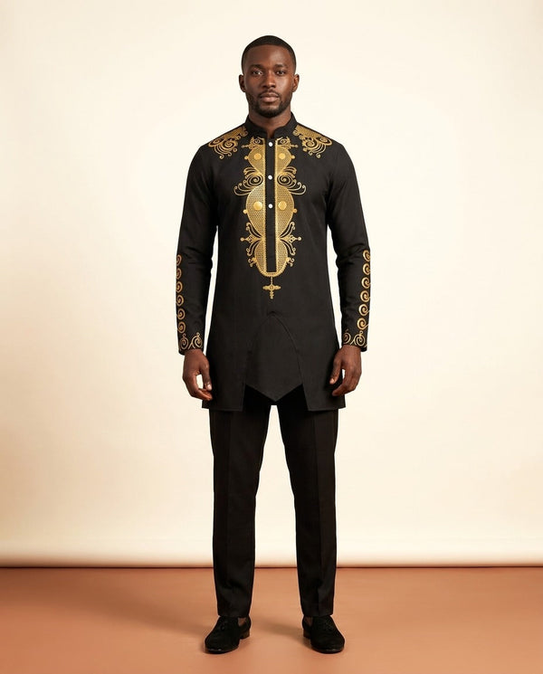 Gold-Embroidered Dashiki Set - Black