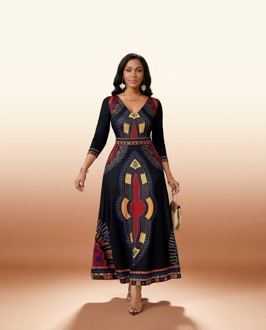 African Print V-Neck Maxi Dress - Bold Statement