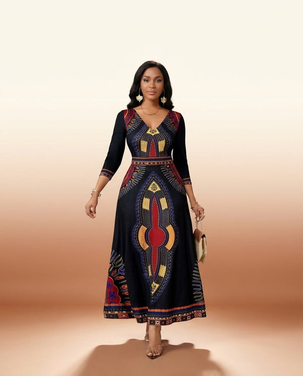African Print V-Neck Maxi Dress - Bold Statement