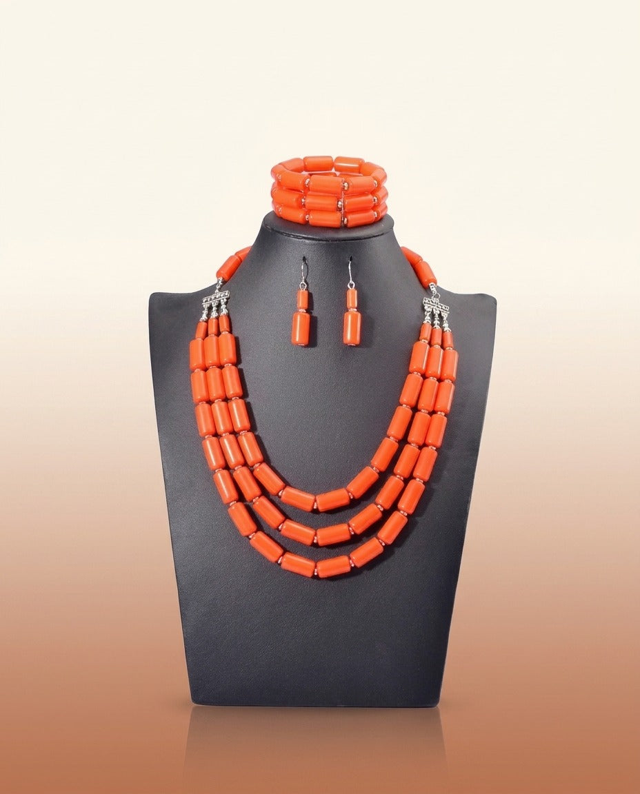 Nigerian Wedding Beads - Colorful Bridal Set in Coral