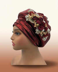 Floral Bouquet Auto Gele - Pre-Tied African Headwrap in Red II