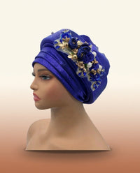 Floral Bouquet Auto Gele - Pre-Tied African Headwrap in Royal Blue II