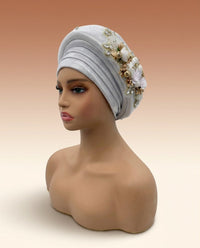 Bouquet Turban Auto Gele - Pre-Tied African Headwrap in Silver