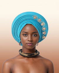 Crystal Trim Auto Gele - Pre-Tied African Headwrap in Lake Blue