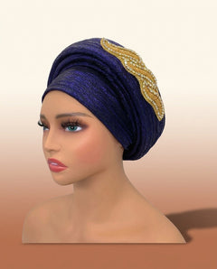 Gold Medallion Auto Gele - Pre-Tied Turban Headwrap in Navy Blue