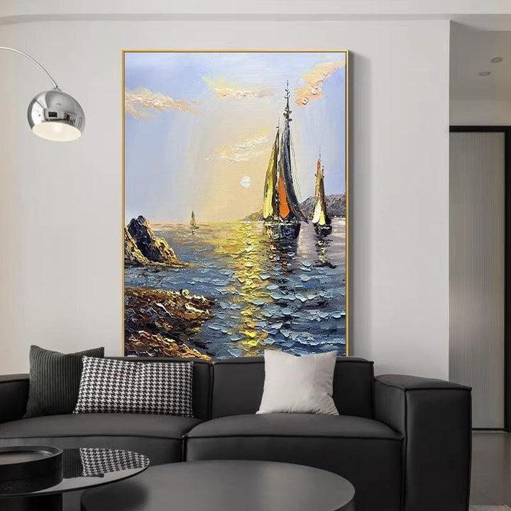 Sea Boat Handmade Painting Artwork Oil Paintings Living Room Canvas