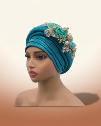 Bouquet Turban Auto Gele - Pre-Tied African Headwrap in Lake Blue