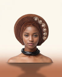 Crystal Trim Auto Gele - Pre-Tied African Headwrap in Coffee