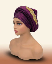 Gold Medallion Auto Gele - Pre-Tied Turban Headwrap in Purple