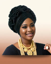 Ruffle Silk Auto Gele - Pre-Tied African Headwrap in Black