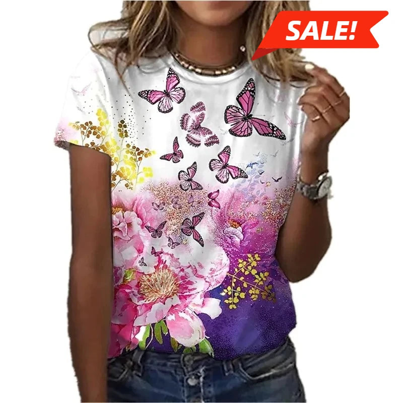 Butterfly Bloom Oversized Tee – Y2K Floral Streetwear for Women