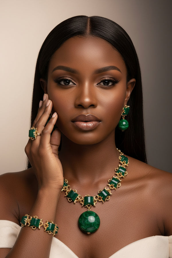 Coral Bead Jewelry Set - African Bridal Classic in Green