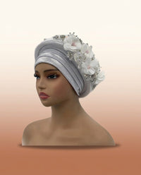 Floral Bouquet Auto Gele - Pre-Tied African Headwrap in Silver