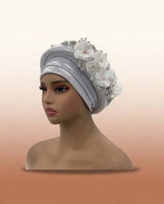 Floral Bouquet Auto Gele - Pre-Tied African Headwrap in Silver