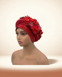 Floral Bouquet Auto Gele - Pre-Tied African Headwrap in Red