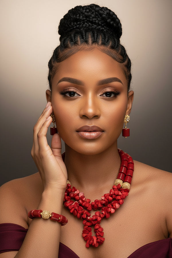 Red Coral Bead Jewelry Set - African Wedding Style in Red 1