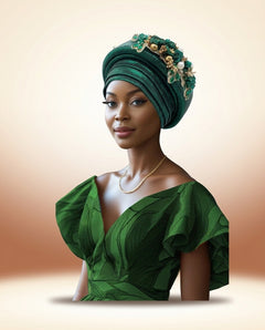 Floral Bouquet Auto Gele - Pre-Tied African Headwrap in Green