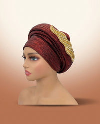 Gold Medallion Auto Gele - Pre-Tied Turban Headwrap in Wine Red