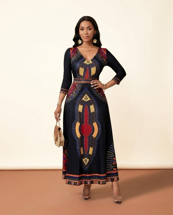 African Print V-Neck Maxi Dress - Bold Statement - view 3